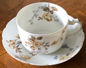 Antique Haviland Limoges France - Teacup With Saucer Bowl, Schleiger 266 Pattern Marseille Shape With Yellow Roses and Blue Flowers