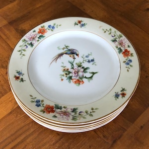 May include: A stack of four white porcelain plates with a cream-colored border and gold trim. Each plate features a central design of a bird perched on a floral branch, surrounded by a floral border with pink, orange, and blue flowers.