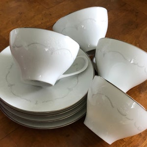 Vintage Noritake China &quot;Whitebrook&quot; - Four Teacup and Four Saucers, White Embossed Floral With Platinum Trim