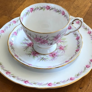 Vintage Tuscan Royal Tuscan &quot;Love in the Mist&quot; - Teacup, Saucer and Salad Plate Trio, Tea Party China, Pink English Bone China