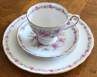 Vintage Tuscan Royal Tuscan "Love in the Mist" - Teacup, Saucer and Salad Plate Trio, Tea Party China, Pink English Bone China