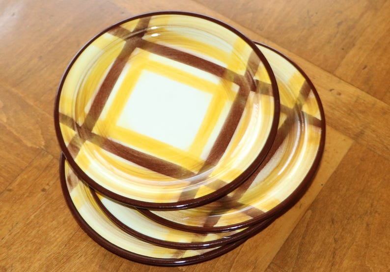 Set of Four Bread or Small Dessert Plates Vernonware Organdie Hand-Painted California Brown and Yellow Plaid Pattern Pottery