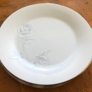 Vintage Noritake &quot;Virtue&quot; - Set of Four Salad Plates, Blue and White Solitaire Rose Pattern, Platinum Trim China