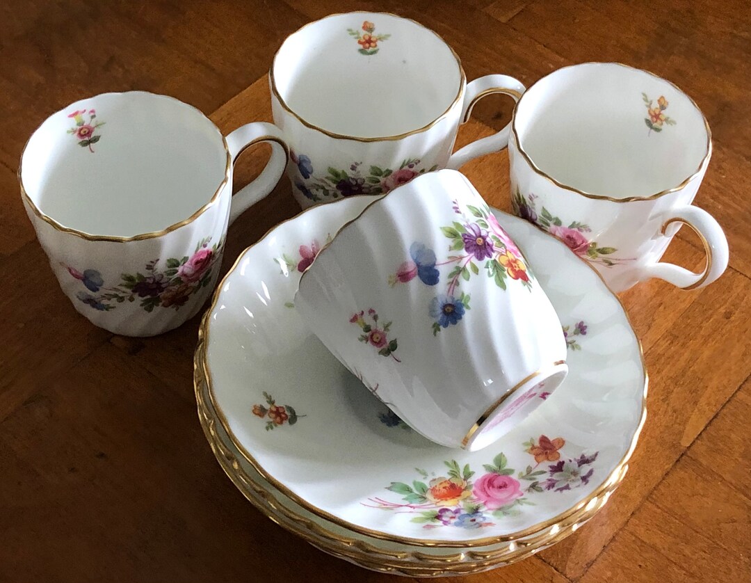 Minton marlow globe Backstamp Four Demitasses With Saucers, Tea Party