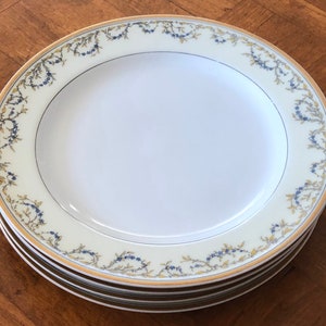 Antique Haviland (Theodore) Pattern H2314 - Set of Four Rimmed Salad Plates, Limoges France, Blue Floral Swags, Gold Trim