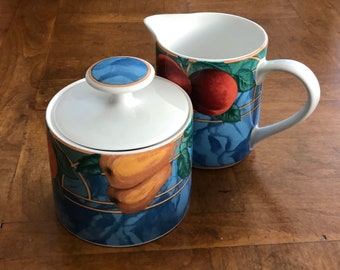 Vintage Victoria & Beale &quot;Forbidden Fruit&quot; Vibrant Fruit China Pattern Cream and Sugar Set