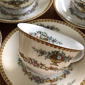 Antique Noritake &quot;Romola&quot; Pattern - Set of Four Flat Teacup and Saucer Sets, Tea Party China, Noritake M Mark
