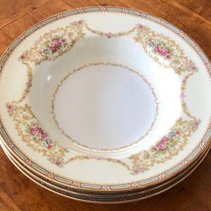 Antique Noritake M China &quot;Mellotone&quot; 1930s Set of Three Rimmed Soup Bowls, Gold Trim China Soup Bowls, Floral China Soup Bowls, Ornate Bowls