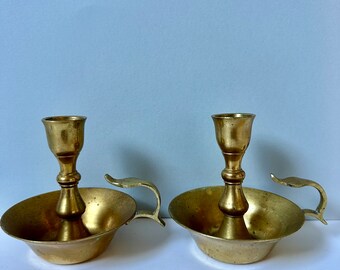 Pair of Brass Candle Holders - Set of two Handled Danish Modern Design Scandinavia 1980s candle holders