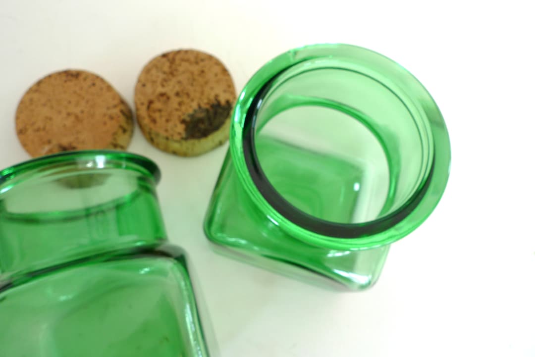 Vintage Large Green Glass Jar Set of Two Square Glass Cork Top Etsy