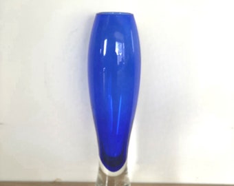 Beautiful Hadeland BLÅ DRUE Blue Vase Design by Severin Brørby  - Collectible Art Glass 1960s Retro Norway
