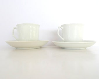 Two Porsgrund Cup and Saucers - White stripes Spire style- thin and sheer - Vintage Scandinavian cups Set of four