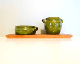 Vintage Höganas Swedish bowls on a teak tray-  Scandinavian Green Retro Unique Snack bowls