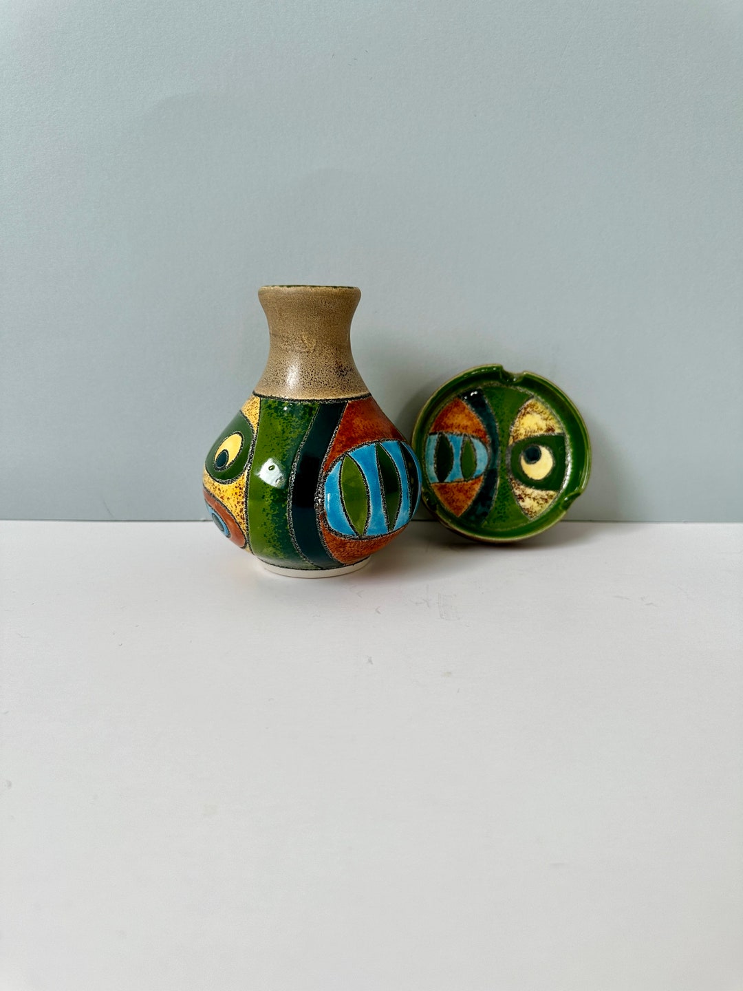 Vintage Eduardo Vega Vase and Trinket Tray Picasso Folk Style