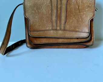 Vintage distressed Danish Leather Tan Crossbody Shoulder Bag Scandinavian Retro Strap 1970s