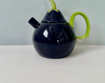 Vintage Copco Enamel Tea kettle - 1980s Eggplant teapot in blue and green without whistle