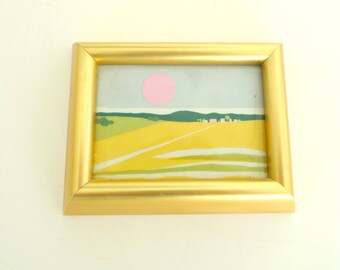 Vintage Porsgrund Art tile Norway Decorative Tile Framed Hand Painted Porcelain Tile, Anne Marie Odegaard yellow and pink porcelain tile