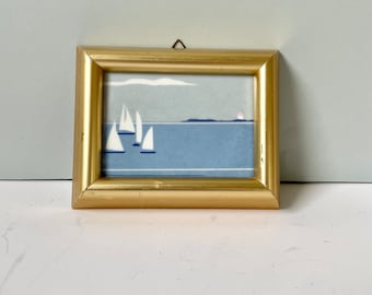 Porsgrund Art tile Norway Decorative Tile Framed Hand Painted Porcelain, Anne Marie Odegaard blue porcelain tile Sailboat motive Ocean scene