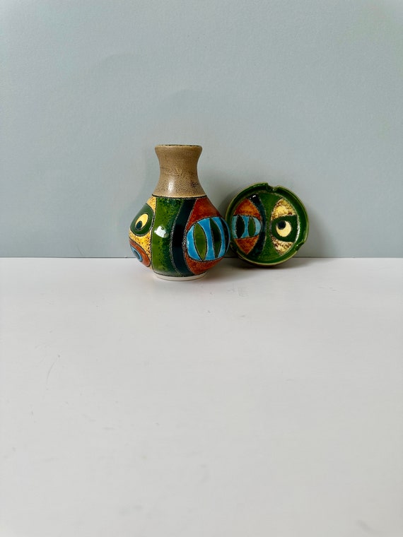 Vintage Eduardo Vega Vase and Trinket Tray Picasso Folk Style