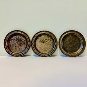 Könnte beinhalten: Drei runde Keramikplatten mit einer gesprenkelten, strukturierten Oberfläche. Die Teller haben einen dunkelbraunen Rand und eine gesprenkelte, erdige Farbpalette. Die Teller sind in einer Reihe angeordnet und präsentieren ihr schlichtes, aber elegantes Design. Diese Teller eignen sich zum Servieren von Speisen.