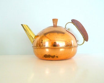 Vintage Copper Teak Brass Teapot  - Teak handle - Norway 1960s - Scandinavian Retro