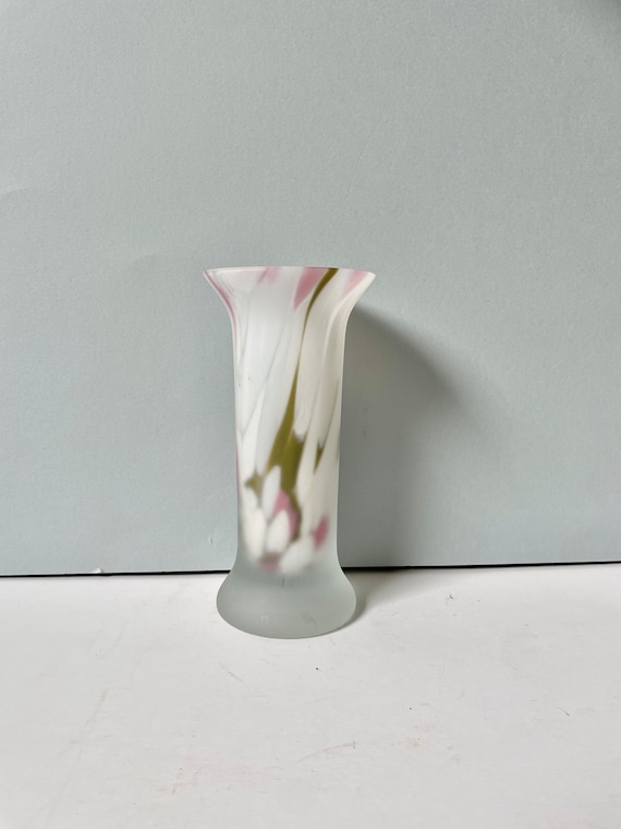 Kosta Boda Zelda Vase: Frosted Glass, Pink & Green, 1980s Design