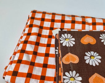 Vintage authentic 1970s beddings sheets and pillow cover orange and brown Flowers hearts and check pattern Gingham