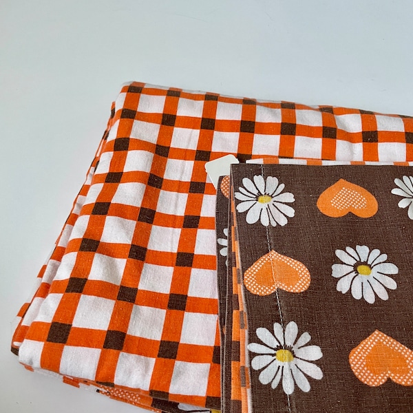 Vintage authentic 1970s beddings sheets and pillow cover orange and brown Flowers hearts and check pattern Gingham