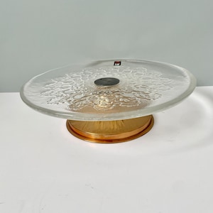 Fantastique présentoir à gâteaux en verre et cuivre par la verrerie Humppila - Art Glass Finland 1970