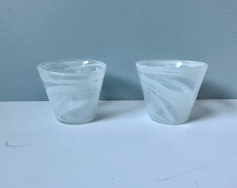 Two Tea Candle Holders - art glass from Kosta Boda glass Set of two white stripes