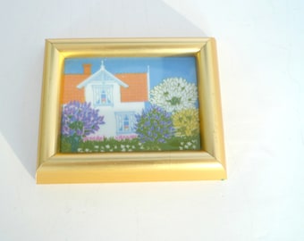 3 for 2! Vintage Porsgrund of Norway House and garden Decorative Tile Framed Artwork Hand Painted Porcelain Tile, Anne Marie Odegaard