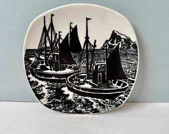 Figgjo Wall Hanging - Wall Plate Landscape with Fishing boats Norwegian Village Norway Lofotplatten 1982