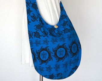 Bleu Sac à bandoulière bohème à bandoulière imprimé tortue Sac à bandoulière en coton pour hippie bohème, voyage à la plage, été