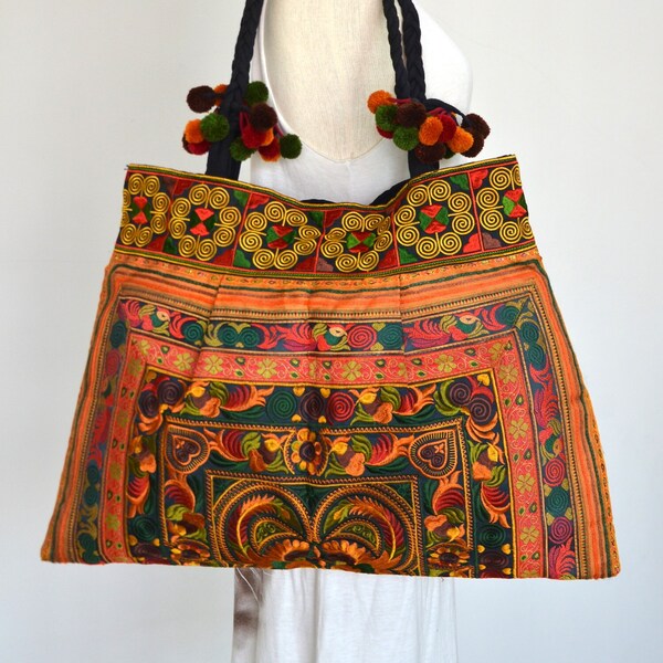 Women Handcrafted in Floral Design Bag Hmong Bag Hill Tribe Bag Embroidered Bag Shopping Tote with Pom Pom Cotton Ethical Product (Yao)