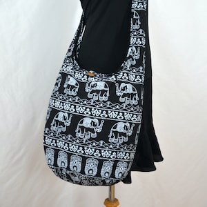 Black Hobo Hippie Elephant Print Crossbody Bag Sling Bag Shoulder Bag Boho Bag Peace Bag Purse