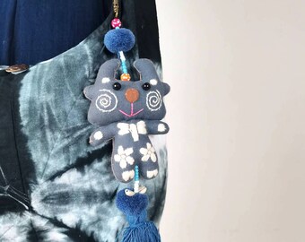 Retro Stuffed Animal Toys Cute Soft Baby Cow Keychain Long Charm Dangle with Little Pom Pom Decor and Cotton Tassel Gray