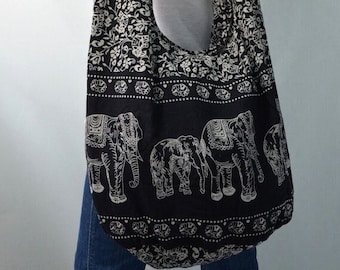 Absolute Black Hippie Elephant Printed Cotton Crossbody Bag Sling Bag Hobo Boho Shoulder Bag Handbags Messenger Bag Purse E119