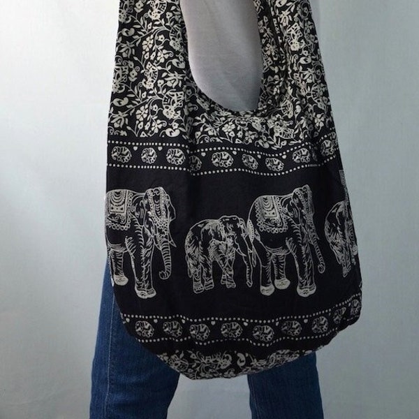 Absolute Black Hippie Elephant Printed Cotton Crossbody Bag Sling Bag Hobo Boho Shoulder Bag Handbags Messenger Bag Purse E119