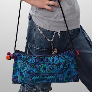 Thai Hmong Hill Tribe Sling Bag Boho Flower Hearts Birds with Embroidery Peacocks, Blue, Green and Purple
