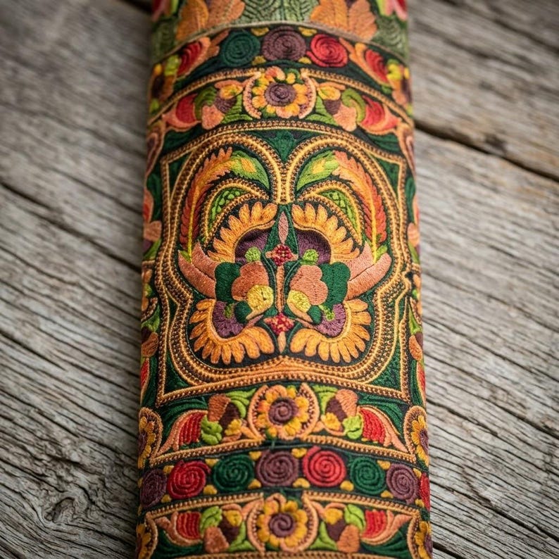 May include: A cylindrical textile object featuring dense, multi-colored embroidery in shades of green, orange, yellow, and purple. The surface displays intricate floral and geometric patterns with swirling motifs and symmetrical petal designs.