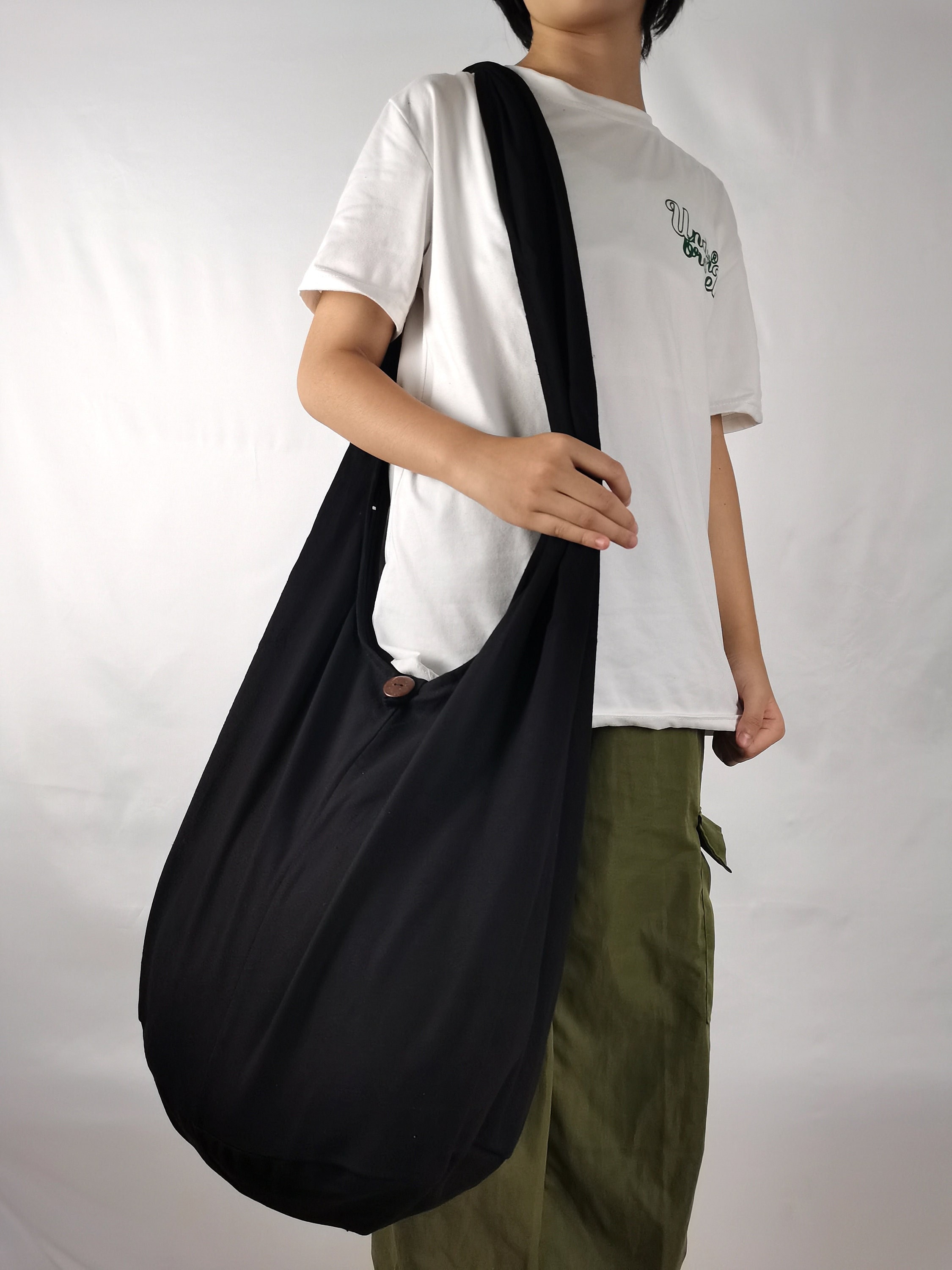 Minimalist Black Cotton Hobo Bag Solid Black Shoulder Bag Crossbody Bag Boho Bag Hippie Bag