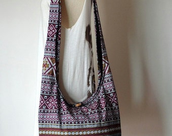 Black Bohemian Bag Ethnic Bag Hobo Bag Cotton Shoulder Bag Crossbody Bag Boho Bag Sling Bag Hippie Bag Messenger Bag Hmong Purse with Zipper