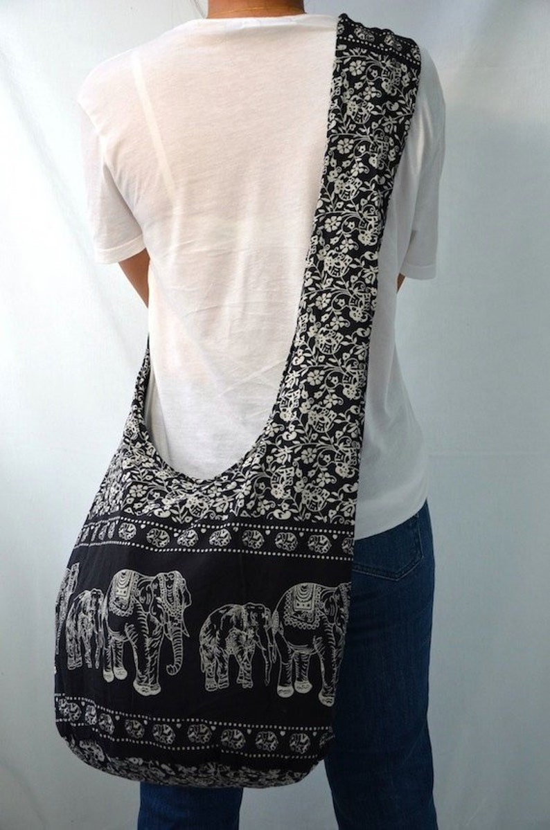 Absolute Black Hippie Elephant Printed Cotton Crossbody Bag Sling Bag Hobo Boho Shoulder Bag Handbags Messenger Bag Purse E119