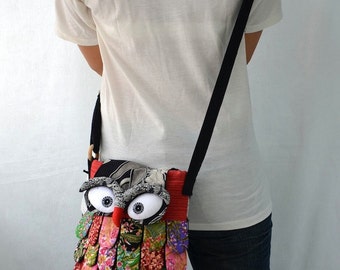 Large - Red Thai Unique Hip Bag Handmade Owl Patchwork Crossbody Bag Messenger D5247