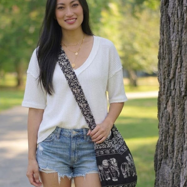 Elephant Print Cotton Crossbody Hobo Bag - Boho Hippie Sling