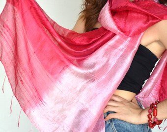28x66 Top Quality Pure Silk Scarf Women Handmade Thai Raw Silk Scarf 2 Tone Lightweight Sunscreen Shawl Wrap Large Red