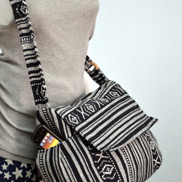 Hippie Messenger Bag Handtaschen Nepali gewebt Bag Crossbody-Bag Kamera Tasche Boho Bag Umhängetasche Stammes-Handtasche ethnische Baumwolltasche, schwarz weiß