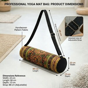 May include: A cylindrical yoga mat bag featuring handwoven patterned fabric in shades of green, orange, and brown with black end caps and an adjustable black strap. Text indicates dimensions of 80 cm length, 22 cm width, 12 cm depth, and 88 cm strap.