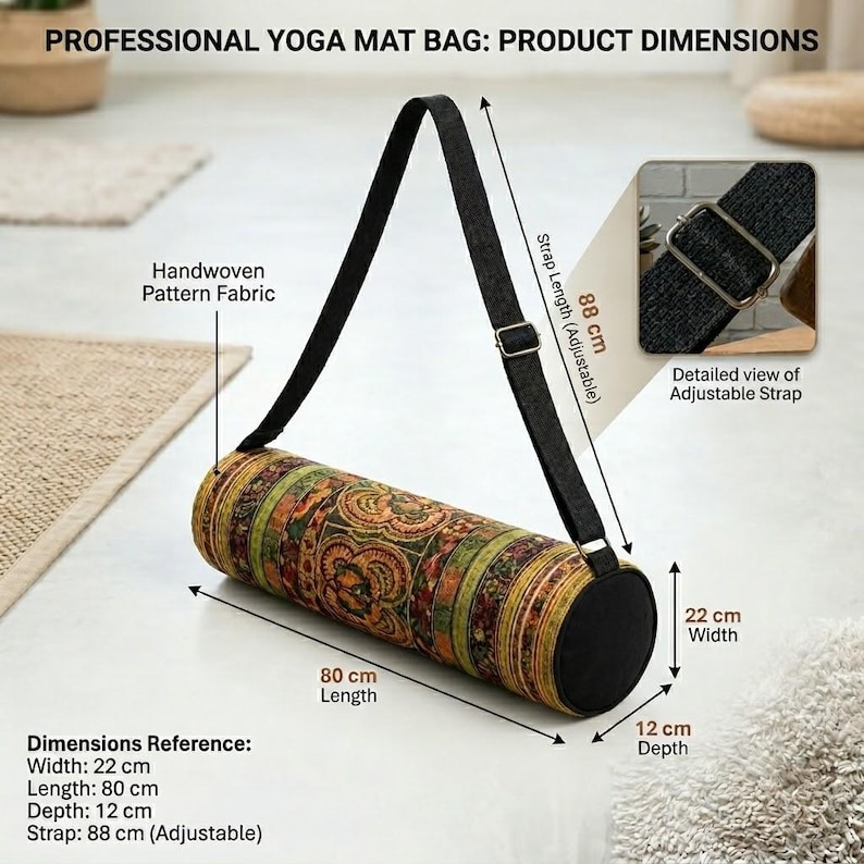 May include: A cylindrical yoga mat bag featuring handwoven patterned fabric in shades of green, orange, and brown with black end caps and an adjustable black strap. Text indicates dimensions of 80 cm length, 22 cm width, 12 cm depth, and 88 cm strap.