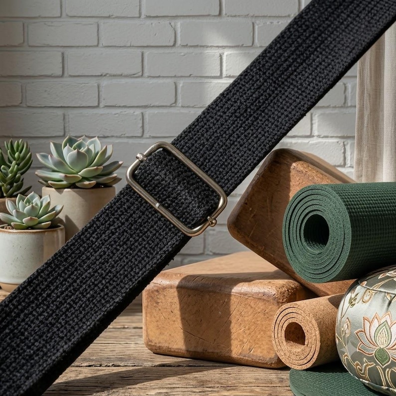 May include: A black woven fabric strap featuring a rectangular metal slider buckle for length adjustment. The strap is positioned diagonally across the frame, showcasing a textured, durable material with a consistent weave pattern throughout.